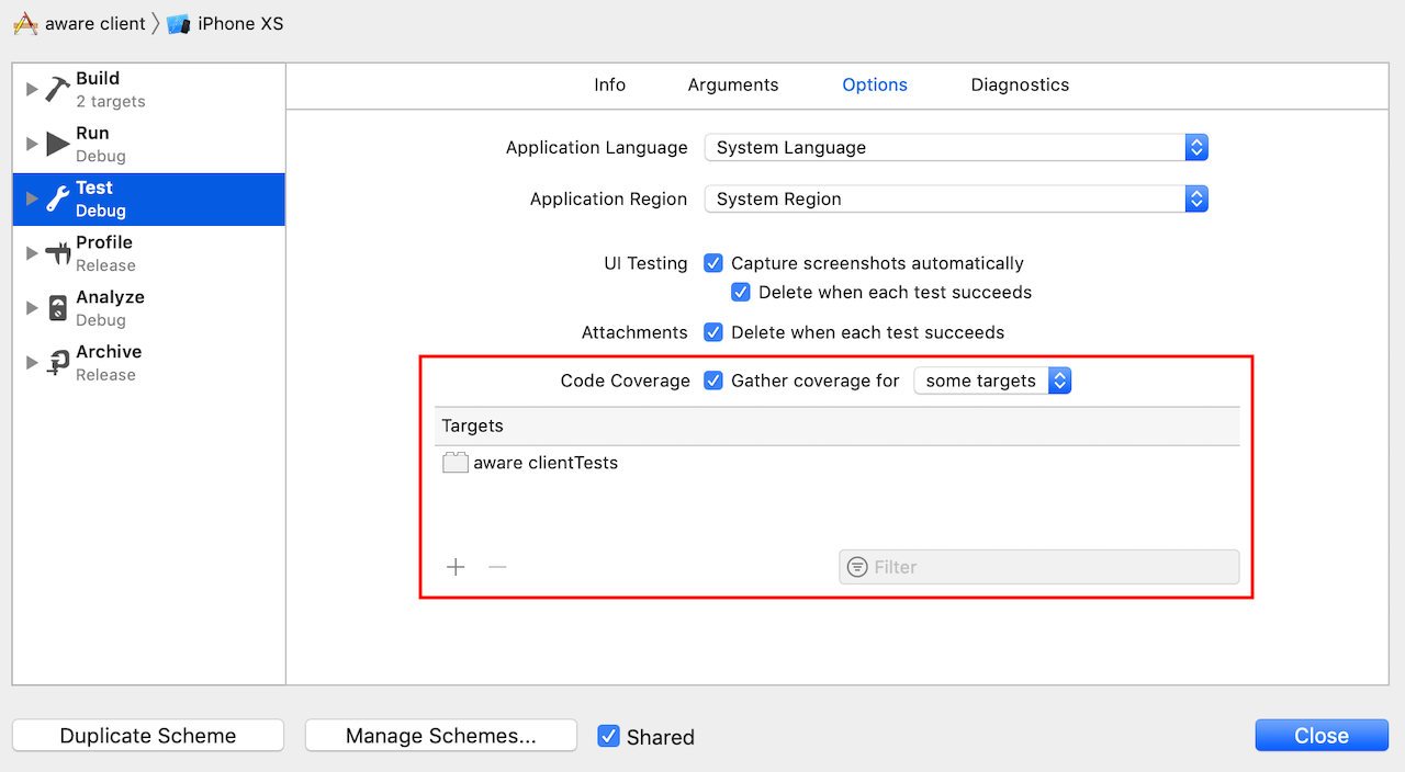 Xcode Coverage Setting